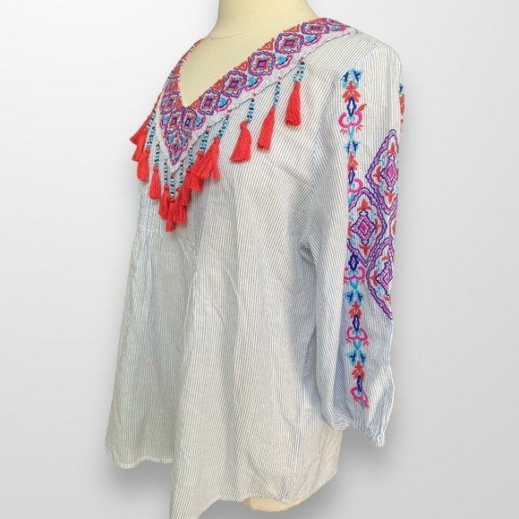 Chico's‎ Size 2 Large Top Tunic Blouse Embroidered Beaded Tassels Pleated 3/4 Sl - Picture 4 of 7